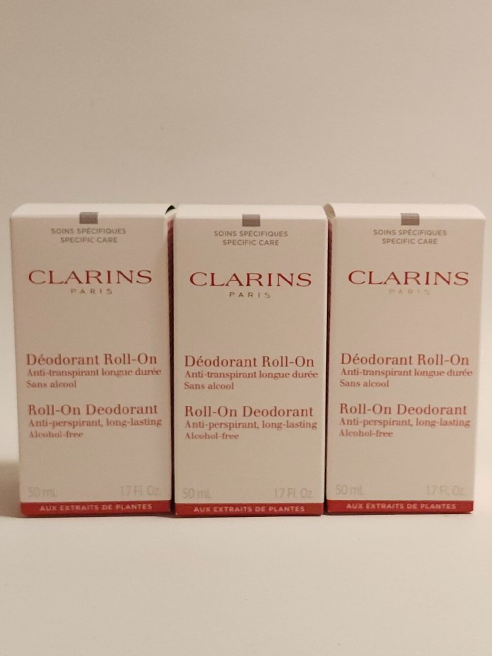 Clarins Gentle Care Roll on Deodorant for Unisex 1.7-Ounce Lot of 3